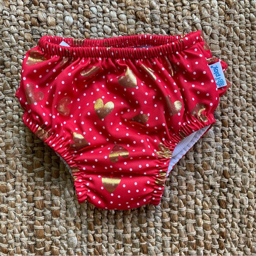 Red and Metallic Gold Heart Print Swim Diaper - 12M